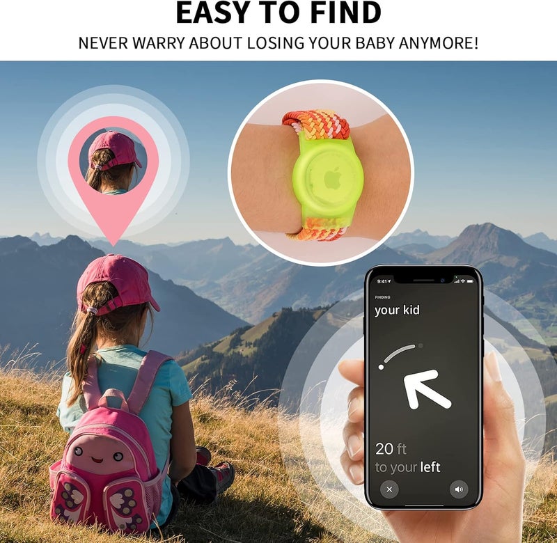 FNCOLL حزمة 2 من أساور الأطفال لجهاز AirTag، حزام ساعة نايلون لحامل جهاز تتبع GPS، علبة واقية متوافقة مع جهاز Apple Air Tag، سوار مضاد للفقد قابل للتعديل للأطفال والرضع وكبار السن - Image 5